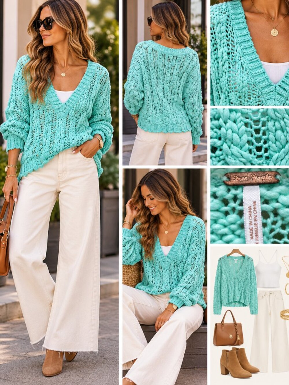 Free People Women's L Aqua Turquoise Chunky Open Knit Cotton V Neck Sweater